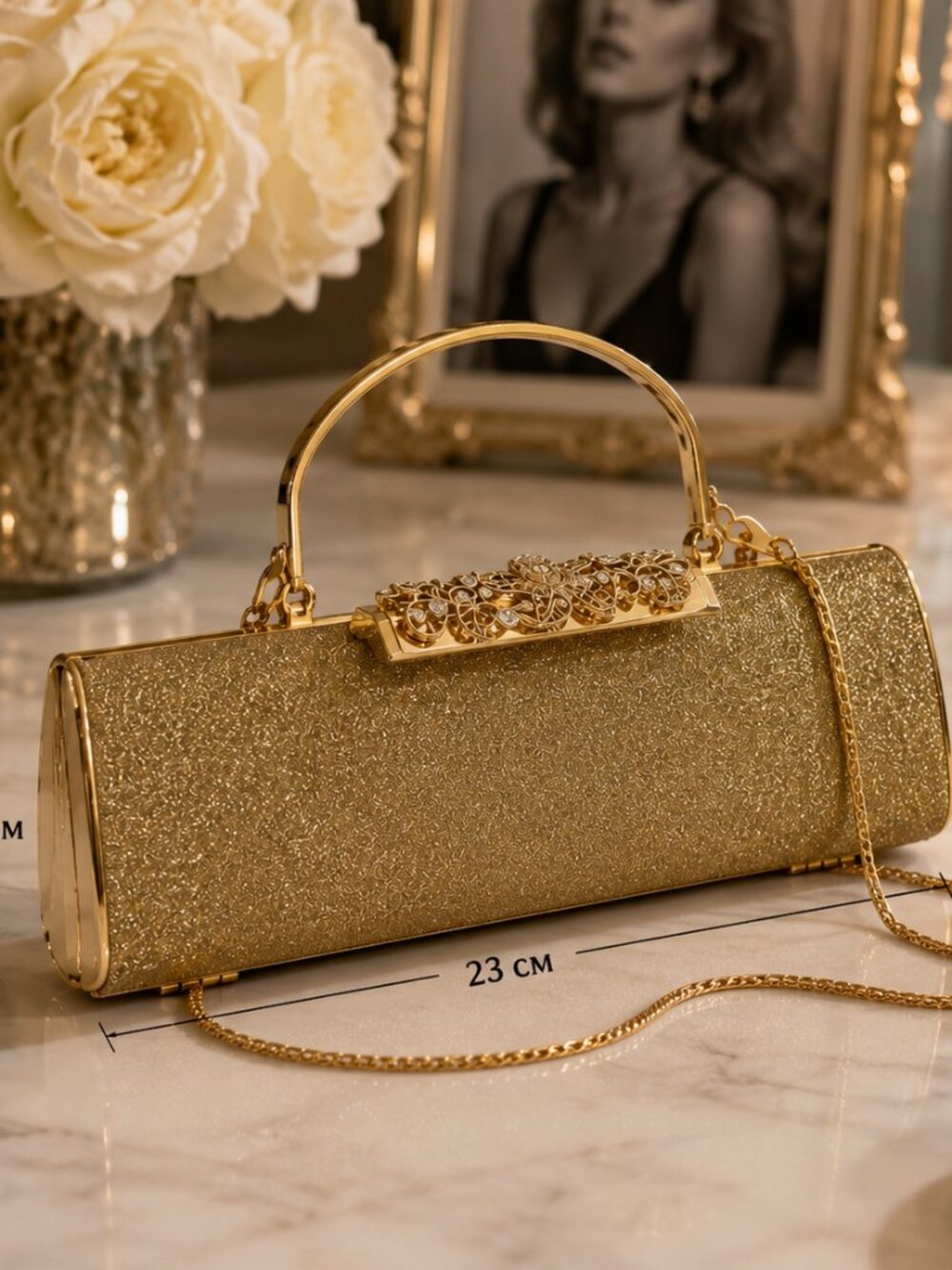Elegant Gold Glitter Evening Clutch Bag with Rhinestone Clasp – 23 × 10 cm